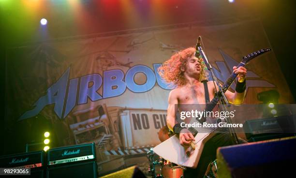 Joel O'Keeffe lead singer of Airbourne performs on stage at O2 Academy on April 6, 2010 in Glasgow, Scotland.