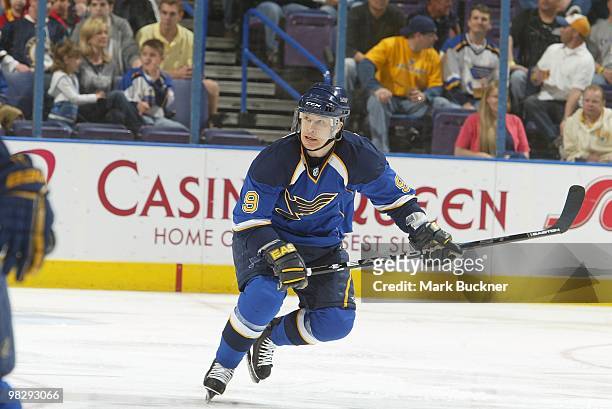 Paul Kariya of the St. Louis Blues skates against the Columbus Blue Jackets on April 5, 2010 at Scottrade Center in St. Louis, Missouri.