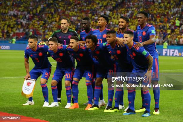 The Colombia players line up for a team photo prior to the 2018 FIFA World Cup Russia group H match between Poland and Colombia at Kazan Arena on...