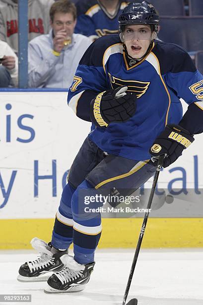 David Perron of the St. Louis Blues skates against the Columbus Blue Jackets on April 5, 2010 at Scottrade Center in St. Louis, Missouri.