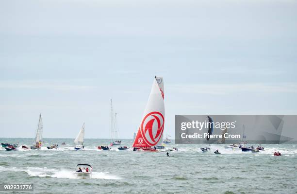 Dutch sailor Carolijn Brouwer and her team enters the port of The Hague as thousands gather at The Hague beach for the end of the Ocean Race on June...