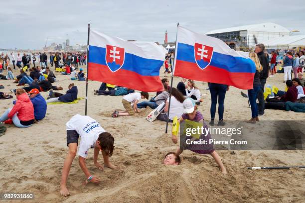 People gather at The Hague beach for the end of the Ocean Race on June 24, 2018 in The Hague, Netherlands.