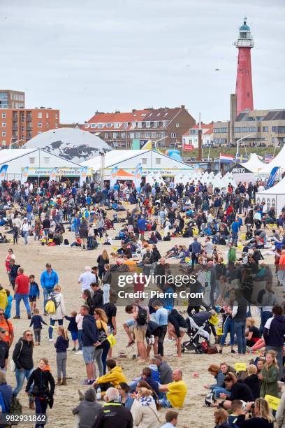 People gather at The Hague beach for the end of the Ocean Race on June 24, 2018 in The Hague, Netherlands.