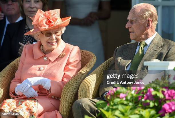 Queen Elizabeth II and Prince Philip, Duke of Edinburgh attend The OUT-SOURCING Inc Royal Windsor Cup 2018 polo match at Guards Polo Club on June 24,...