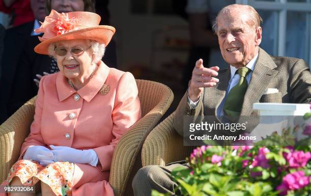 Queen Elizabeth II and Prince Philip, Duke of Edinburgh attend The OUT-SOURCING Inc Royal Windsor Cup 2018 polo match at Guards Polo Club on June 24,...