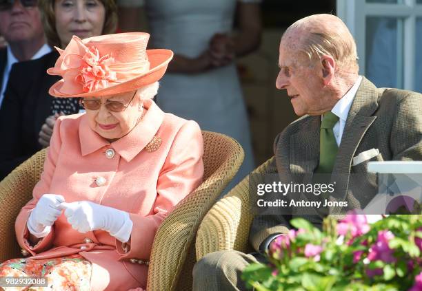 Queen Elizabeth II and Prince Philip, Duke of Edinburgh attend The OUT-SOURCING Inc Royal Windsor Cup 2018 polo match at Guards Polo Club on June 24,...