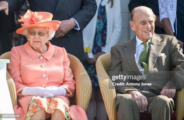 Queen Elizabeth II and Prince Philip, Duke of Edinburgh attend The OUT-SOURCING Inc Royal Windsor Cup 2018 polo match at Guards Polo Club on June 24,...