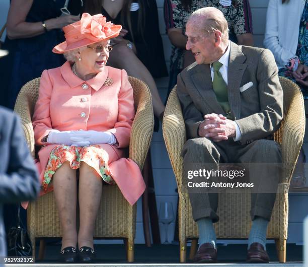 Queen Elizabeth II and Prince Philip, Duke of Edinburgh attend The OUT-SOURCING Inc Royal Windsor Cup 2018 polo match at Guards Polo Club on June 24,...