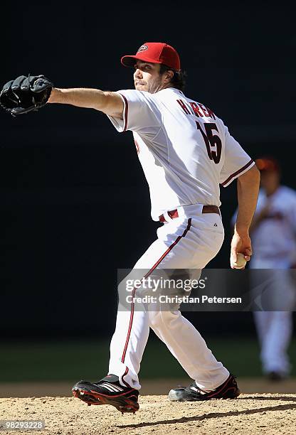 Starting pitcher Dan Haren of the Arizona Diamondbacks pitches against the San Diego Padres during the Opening Day major league baseball game at...