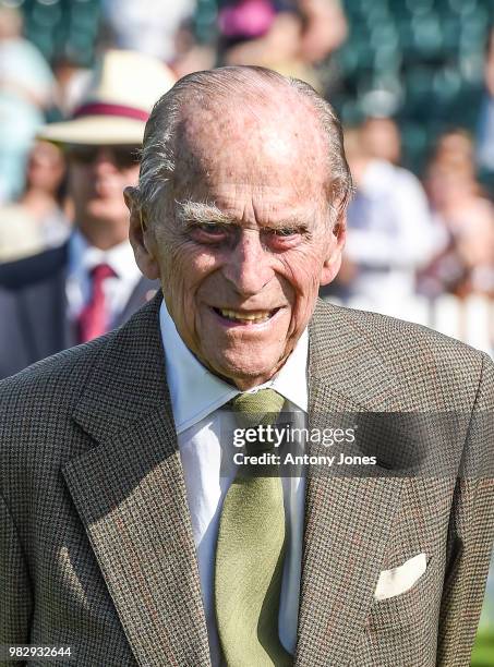 Prince Philip, Duke of Edinburgh attends The OUT-SOURCING Inc Royal Windsor Cup 2018 polo match at Guards Polo Club on June 24, 2018 in Egham,...