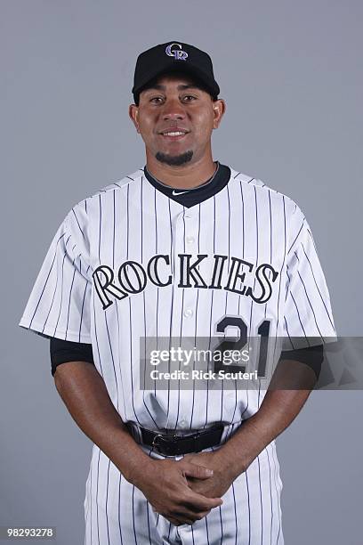 Miguel Olivo of the Colorado Rockies poses during Photo Day on Sunday, February 28, 2010 at Hi Corbett Field in Tucson, Arizona.