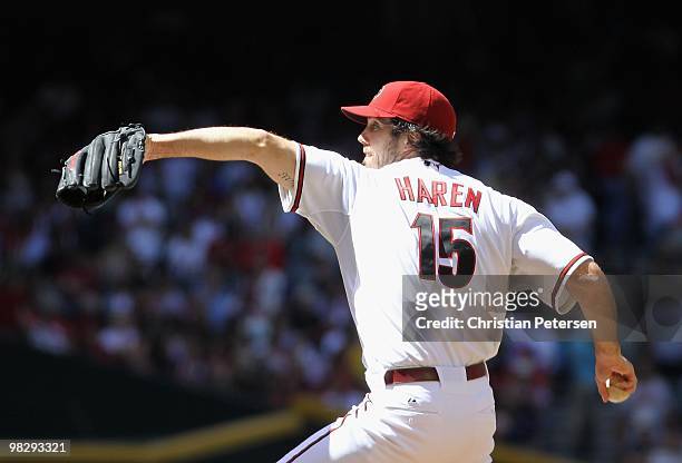 Starting pitcher Dan Haren of the Arizona Diamondbacks pitches against the San Diego Padres during the Opening Day major league baseball game at...