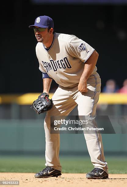 Infielder Adrian Gonzalez of the San Diego Padres in action during the Opening Day major league baseball game against the Arizona Diamondbacks at...