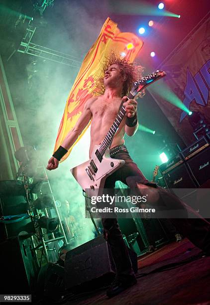 Joel O'Keeffe lead singer of Airbourne performs on stage at O2 Academy on April 6, 2010 in Glasgow, Scotland.