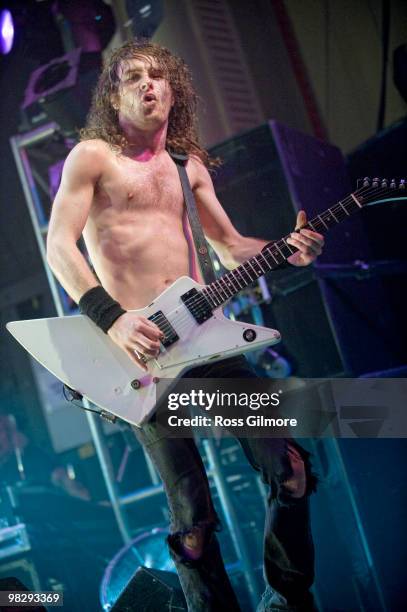 Joel O'Keeffe lead singer of Airbourne performs on stage at O2 Academy on April 6, 2010 in Glasgow, Scotland.