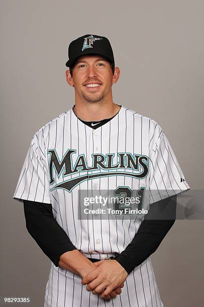 John Baker of the Florida Marlins poses during Photo Day on Sunday, March 2, 2010 at Roger Dean Stadium in Jupiter, Florida.