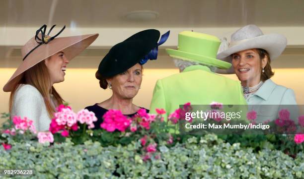 Princess Beatrice, Sarah, Duchess of York and Lady Carolyn Warren seen talking with Queen Elizabeth II in the Royal Box before watching The Queen's...