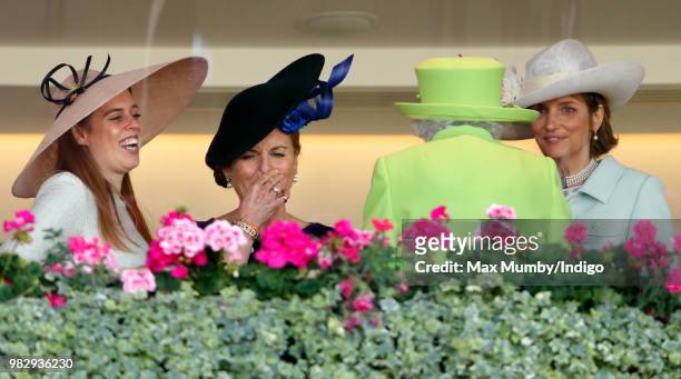 Princess Beatrice, Sarah, Duchess of York and Lady Carolyn Warren seen talking with Queen Elizabeth II in the Royal Box before watching The Queen's...