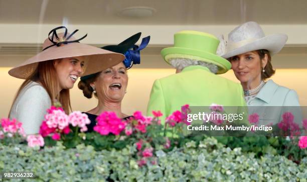 Princess Beatrice, Sarah, Duchess of York and Lady Carolyn Warren seen talking with Queen Elizabeth II in the Royal Box before watching The Queen's...