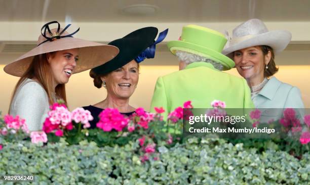 Princess Beatrice, Sarah, Duchess of York and Lady Carolyn Warren seen talking with Queen Elizabeth II in the Royal Box before watching The Queen's...