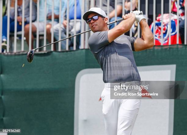 Paul Casey of England tees off on 1 during the Final Round of the Travelers Championship on June 24, 2018 at TPC River Highlands in Cromwell, CT