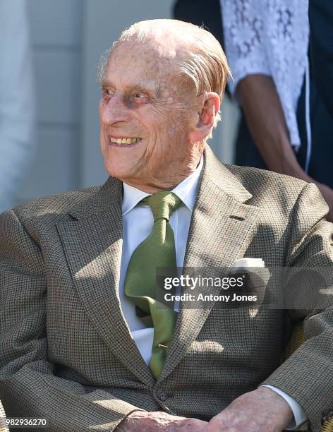 Prince Philip, Duke of Edinburgh attends The OUT-SOURCING Inc Royal Windsor Cup 2018 polo match at Guards Polo Club on June 24, 2018 in Egham,...