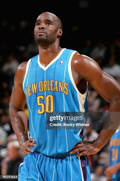 Emeka Okafor of the New Orleans Hornets looks up during the game against the Golden State Warriors on March 17, 2009 at Oracle Arena in Oakland,...