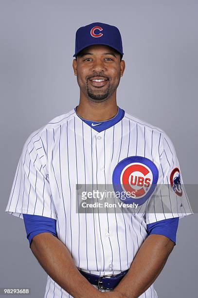 Derrek Lee of the Chicago Cubs poses during Photo Day on Monday, March 1, 2010 at HoHoKam Park in Mesa, Arizona.