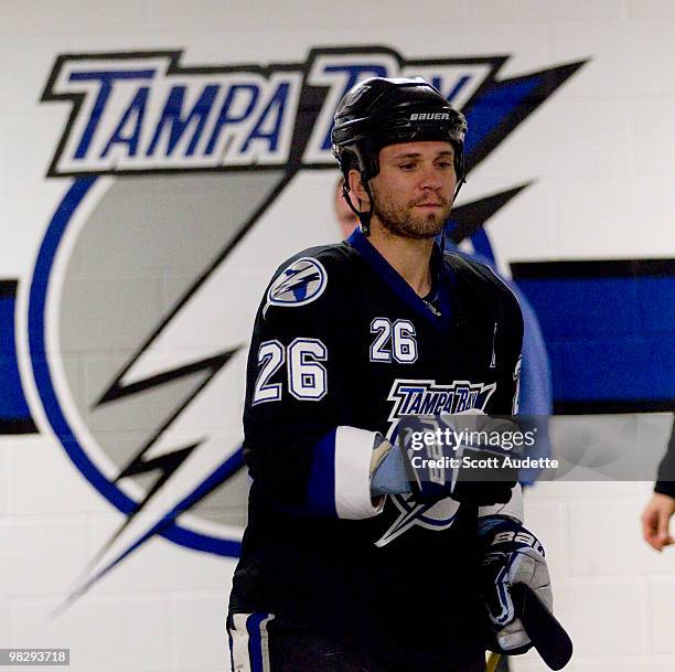 Martin St. Louis of the Tampa Bay Lightning heads to the ice for the game against the Carolina Hurricanes at the St. Pete Times Forum on April 6,...