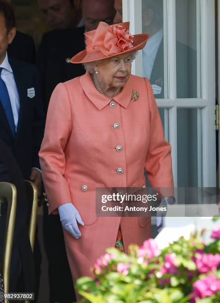 Queen Elizabeth II attends The OUT-SOURCING Inc Royal Windsor Cup 2018 polo match at Guards Polo Club on June 24, 2018 in Egham, England.