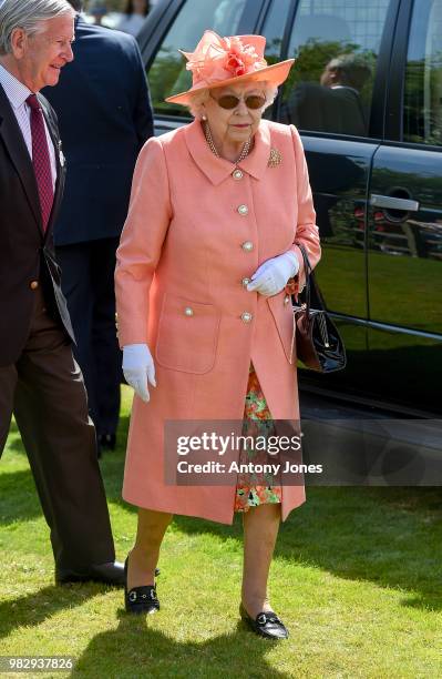 Queen Elizabeth II attends The OUT-SOURCING Inc Royal Windsor Cup 2018 polo match at Guards Polo Club on June 24, 2018 in Egham, England.