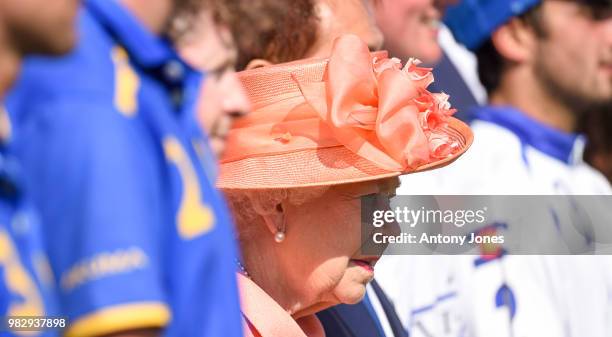 Queen Elizabeth II attends The OUT-SOURCING Inc Royal Windsor Cup 2018 polo match at Guards Polo Club on June 24, 2018 in Egham, England.