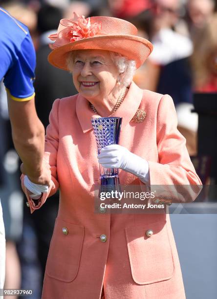 Queen Elizabeth II attends The OUT-SOURCING Inc Royal Windsor Cup 2018 polo match at Guards Polo Club on June 24, 2018 in Egham, England.