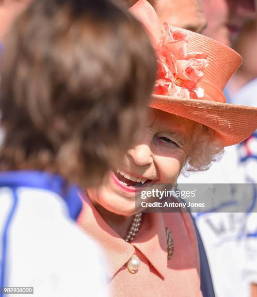 Queen Elizabeth II attends The OUT-SOURCING Inc Royal Windsor Cup 2018 polo match at Guards Polo Club on June 24, 2018 in Egham, England.