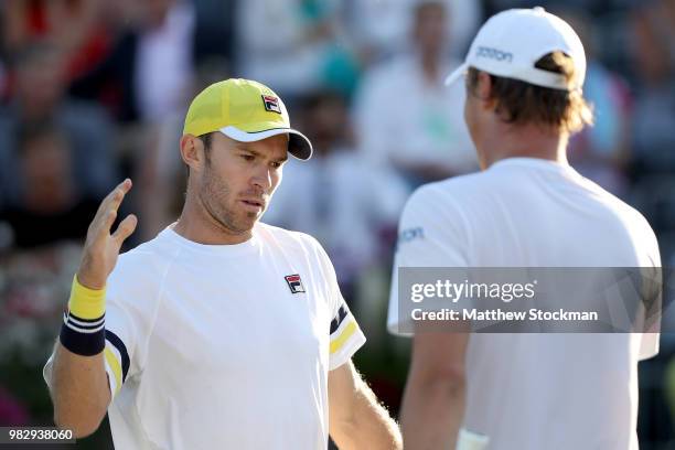 John Peers of Australia and Henri Kontinen of Finland celebrate match point during the men's doubles final match against Jamie Murray of Great...