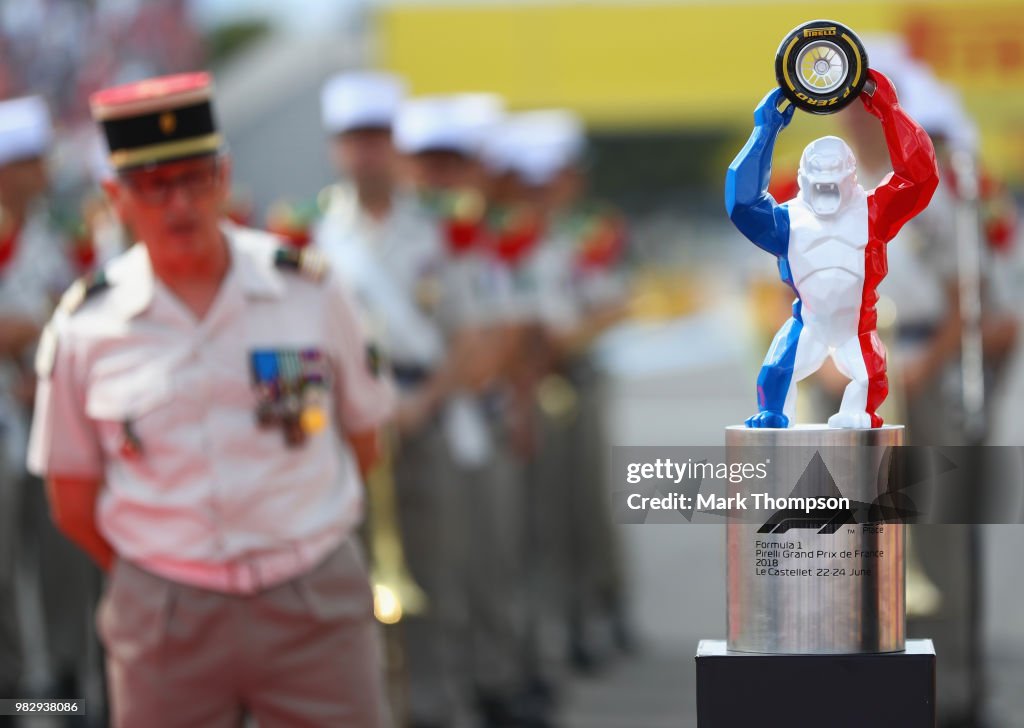 The winners trophy is seen on track before the Formula One Grand