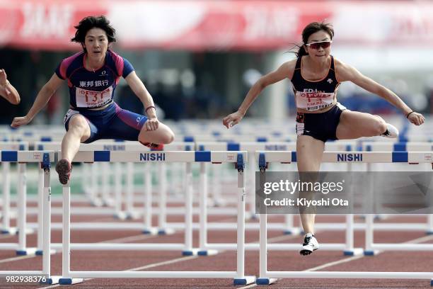 Ayako Kimura and Hitomi Shimura compete in the Women's 100m Hurdles final on day three of the 102nd JAAF Athletic Championships at Ishin Me-Life...