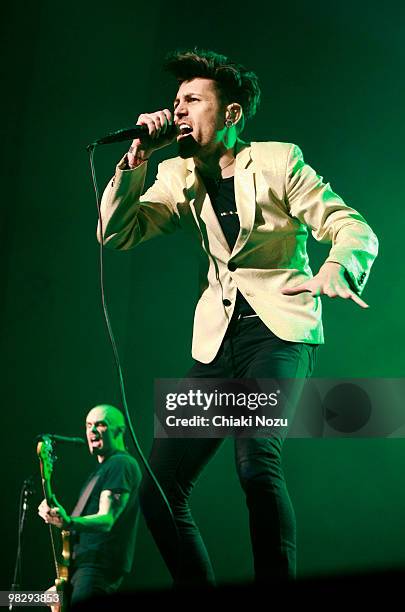 Hunter Burgan and Davey Havok of AFI perform at Brixton Academy on April 6, 2010 in London, England.