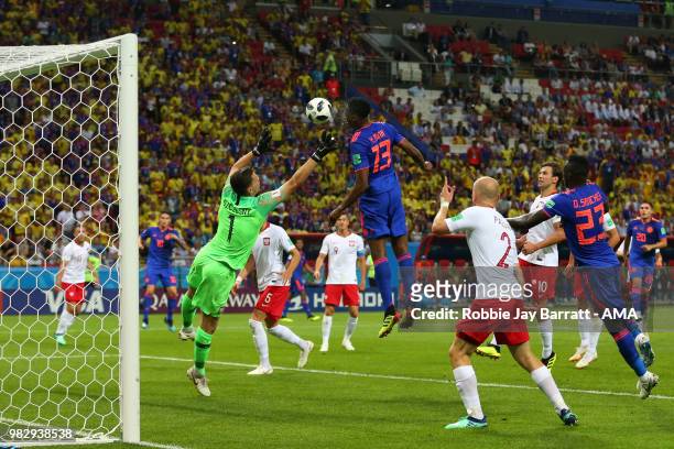 Yerry Mina of Colombia scores a goal to make it 0-1 during the 2018 FIFA World Cup Russia group H match between Poland and Colombia at Kazan Arena on...
