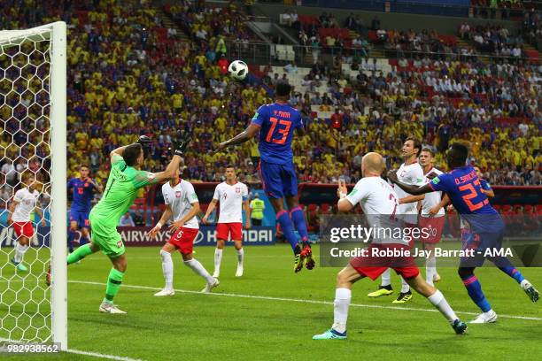 Yerry Mina of Colombia scores a goal to make it 0-1 during the 2018 FIFA World Cup Russia group H match between Poland and Colombia at Kazan Arena on...