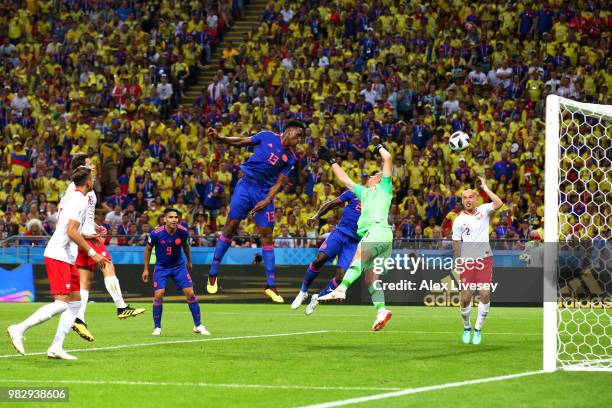 Yerry Mina of Colombia scores his team's first goal during the 2018 FIFA World Cup Russia group H match between Poland and Colombia at Kazan Arena on...