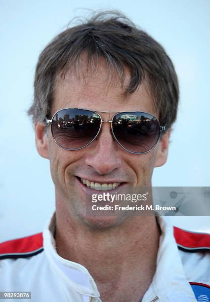 Pro skateboarder Tony Hawk poses for photographers during the press practice day for the Toyota Pro/Celebrity Race on April 6, 2010 in Long Beach,...