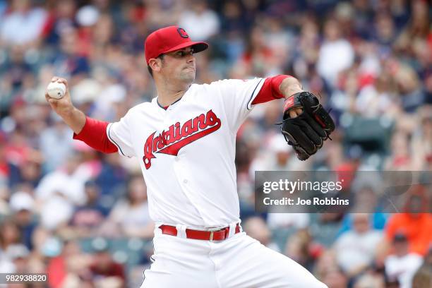 Adam Plutko of the Cleveland Indians pitches in the second inning against the Detroit Tigers at Progressive Field on June 24, 2018 in Cleveland, Ohio.