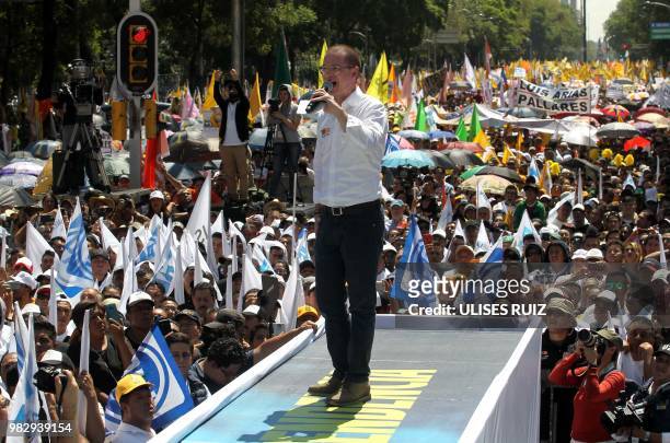 Mexico's presidential candidate Ricardo Anaya, standing for the "Mexico al Frente" coalition of the PAN-PRD-Movimiento Ciudadano parties, delivers a...