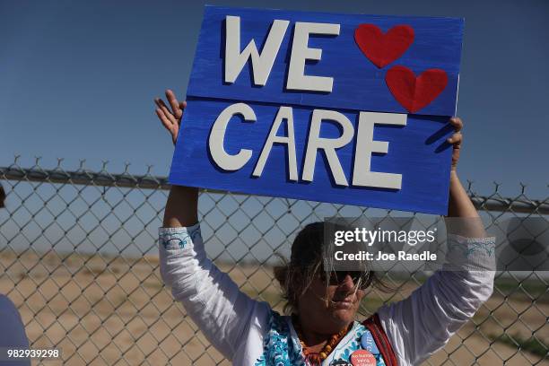 People protest near the tent encampment recently built at the Tornillo-Guadalupe Port of Entry on June 24, 2018 in Tornillo, Texas. The group is...