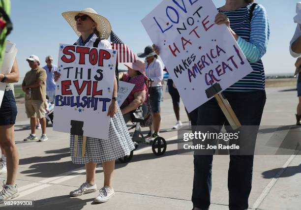 People protest near the tent encampment recently built at the Tornillo-Guadalupe Port of Entry on June 24, 2018 in Tornillo, Texas. The group is...