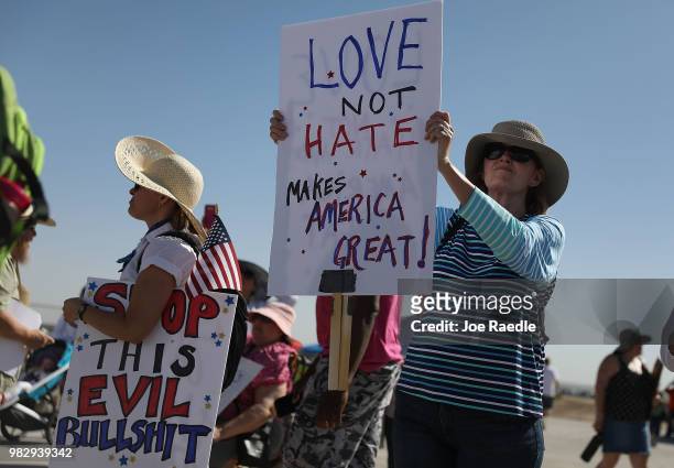 People protest near the tent encampment recently built at the Tornillo-Guadalupe Port of Entry on June 24, 2018 in Tornillo, Texas. The group is...