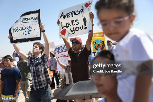 People protest near the tent encampment recently built at the Tornillo-Guadalupe Port of Entry on June 24, 2018 in Tornillo, Texas. The group is...
