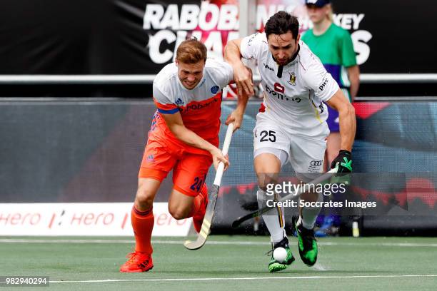 Roel Bovendeert of Holland, Loick Luypaert of Belgium during the Champions Trophy match between Holland v Belgium at the Hockeyclub Breda on June 24,...
