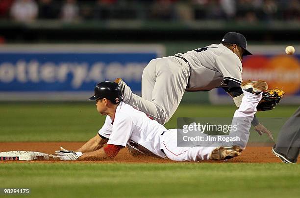 Jacoby Ellsbury of the Boston Red Sox steals second as Robinson Cano of the New york Yankees attempts to field an errant at Fenway Park on April 6,...